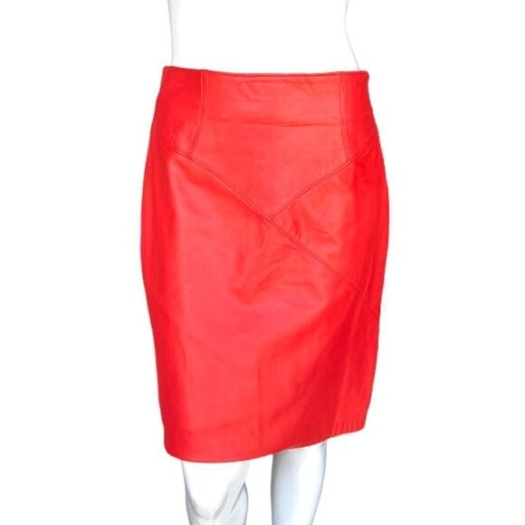 Retro 80s Dominic Bellissimo Lindzon Red Leather Pencil Skirt Vamp Glam Rock 10 - Picture 1 of 8